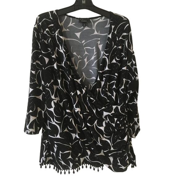 DressBarn Collection 3X Women’s Black White Ruched Wrap Top Beaded Hem Sequence - Picture 1 of 7